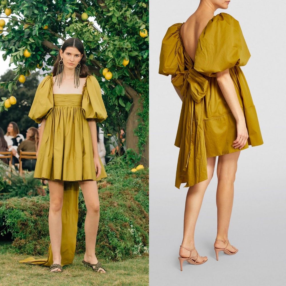 Aje Casabianca Puff Sleeve Bow Mini Dress Olive Green Smock Size AU 10 US 6 - Picture 14 of 16